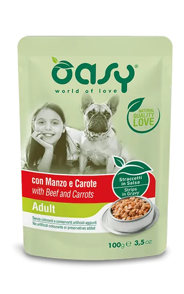 Oasy dog straccetti adult manzo e carote bustina 100 gr
