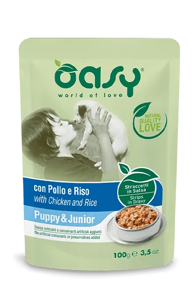 Oasy dog straccetti puppy pollo e riso bustina 100 gr