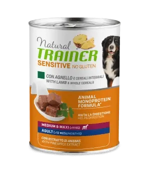 Trainer natural dog sensitive adult medium maxi agnello e cereali lattina 400 gr