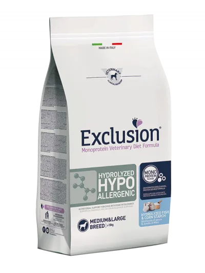 Exclusion dog hypo hydrolized pesce e mais medio/maxi 2 kg