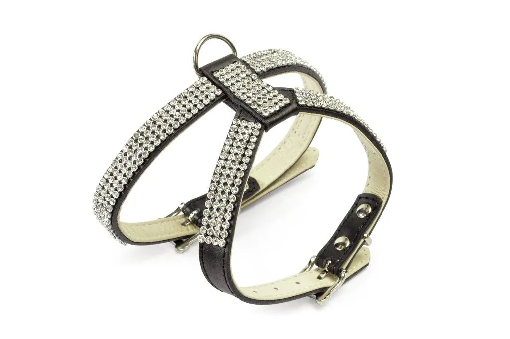 Guinzaglio in pelle con strass nero 15x1200