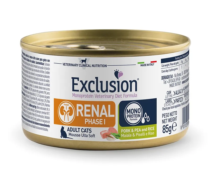 Exclusion cat renal fase 1 maiale piselli e riso 85 gr