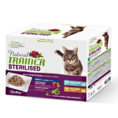 Trainer natural cat multipack sterilized tacchino e merluzzo 12 bustine 85 gr