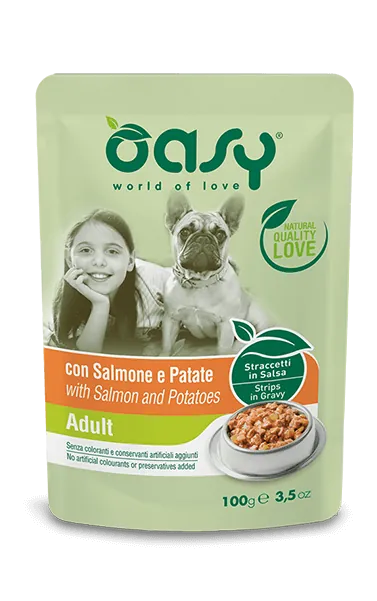 Oasy dog straccetti adult salmone e patate bustina 100 gr
