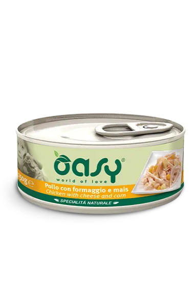 Oasy dog pollo formaggio e mais lattina 150 gr