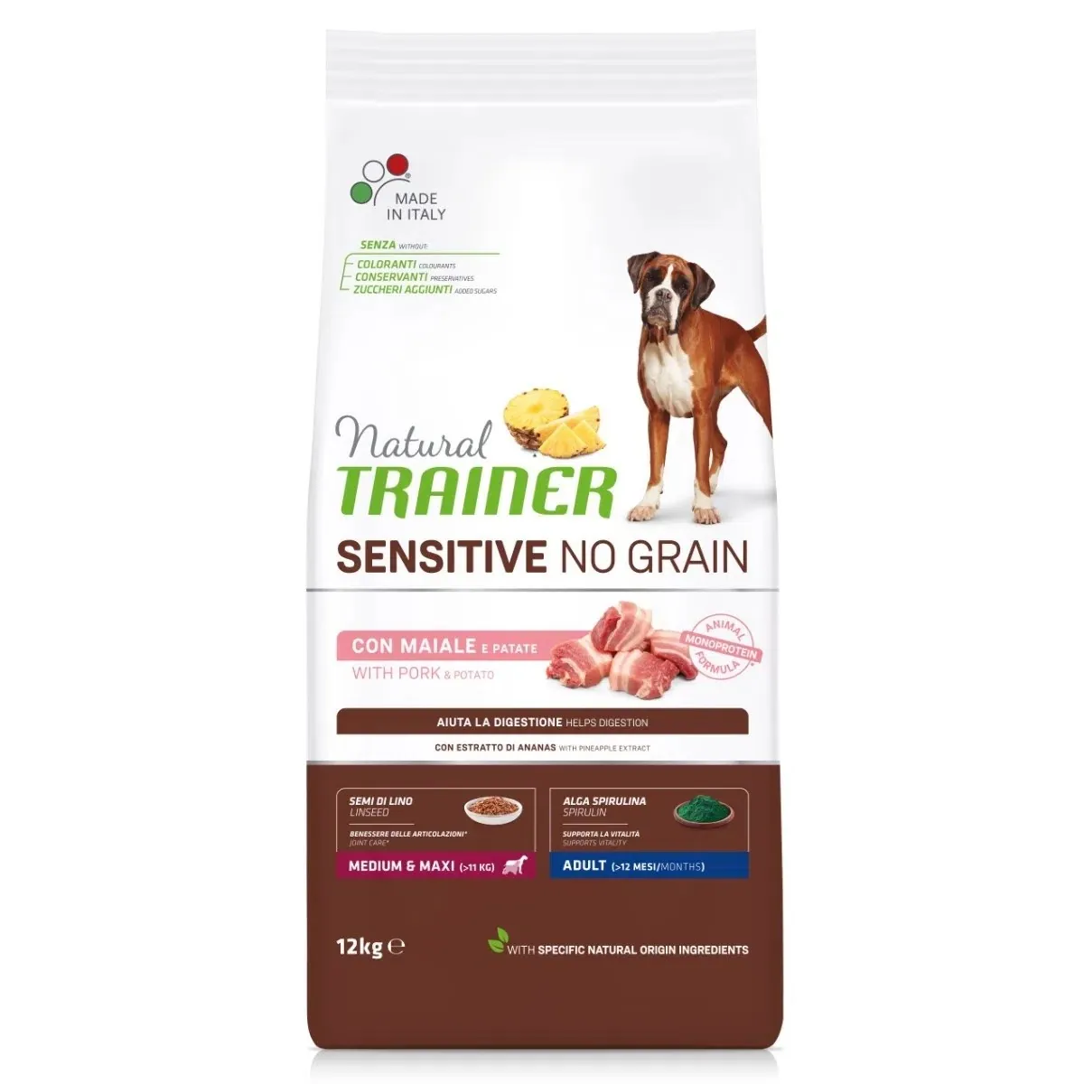 Trainer natural dog sensitive adult medium maxi no grain maiale patate 12 kg