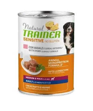 Trainer natural dog sensitive adult medium maxi maiale e cereali lattina 400 gr