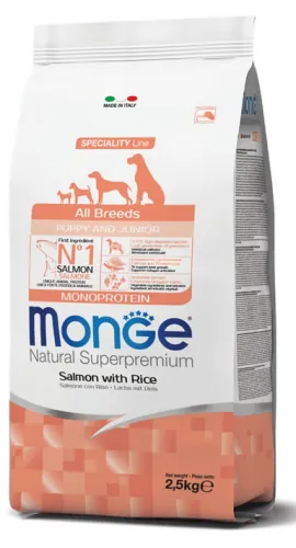 Monge dog puppy & junior all breeds salmone e riso 12 kg