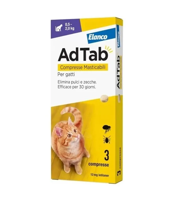 Adtab gatto 0,5-2 kg 12 mg viola 3 compresse