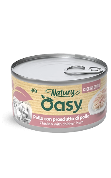 Oasy cat brodo di cottura pollo con prosciutto lattina 85 gr
