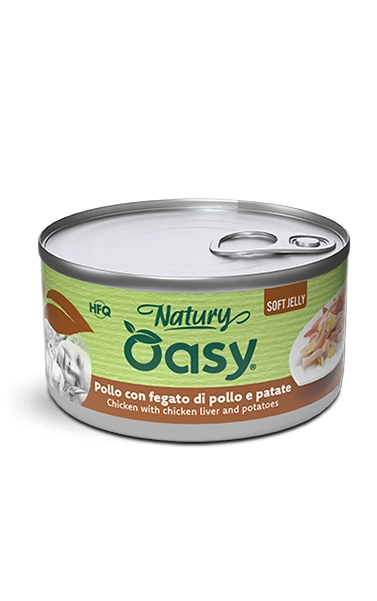Oasy cat jelly pollo con fegato di pollo e patate lattina 85 gr