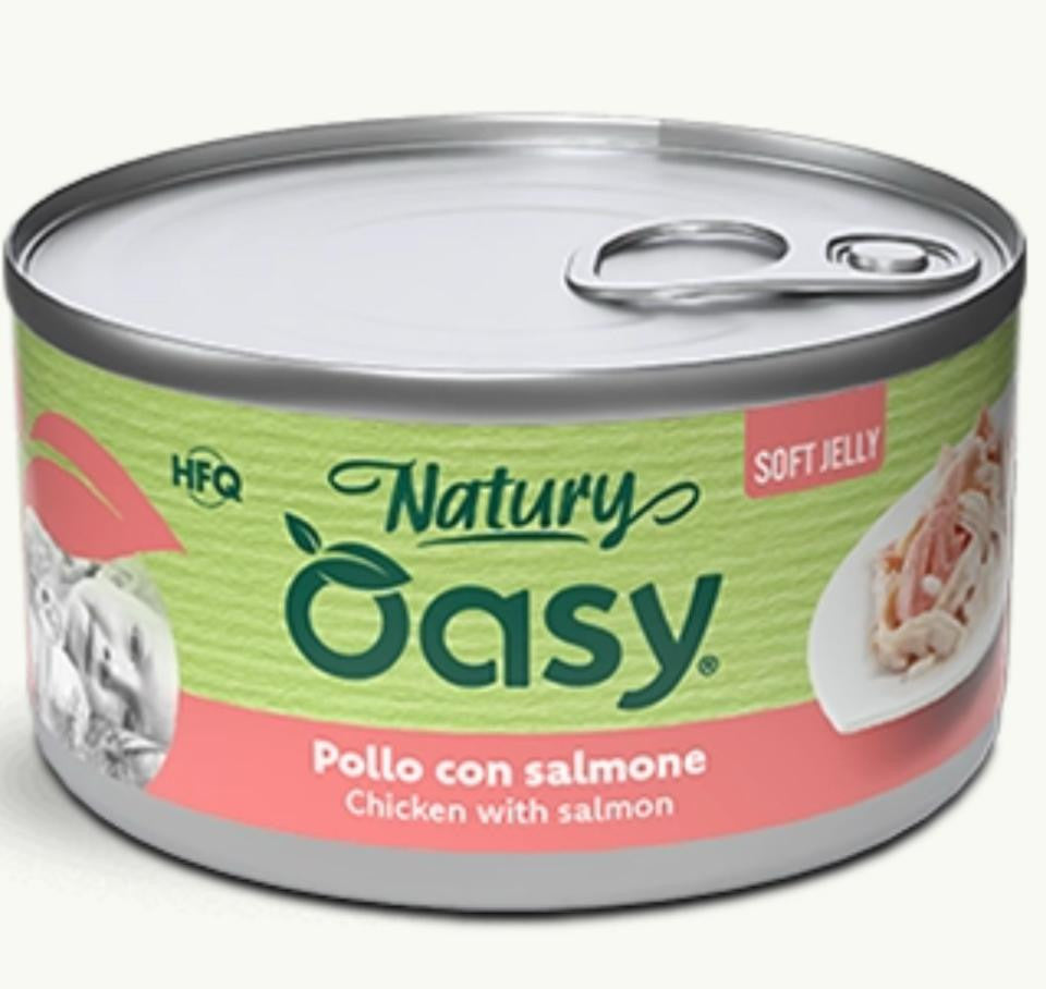 Oasy cat jelly pollo con salmone lattina 85 gr