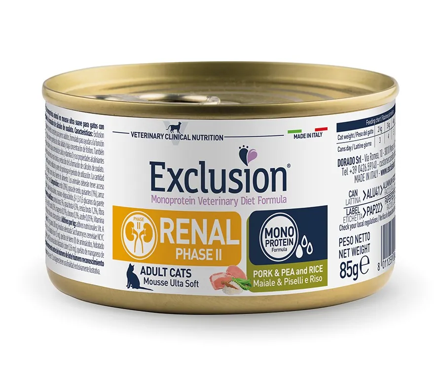 Exclusion cat renal fase 2 maiale piselli e riso 85 gr