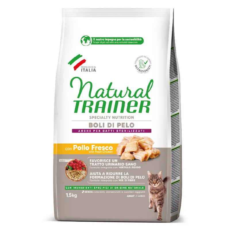 Natural Trainer Gatto Boli Di Pelo Pollo Fresco E Mix Di Fibre 1,5 Kg