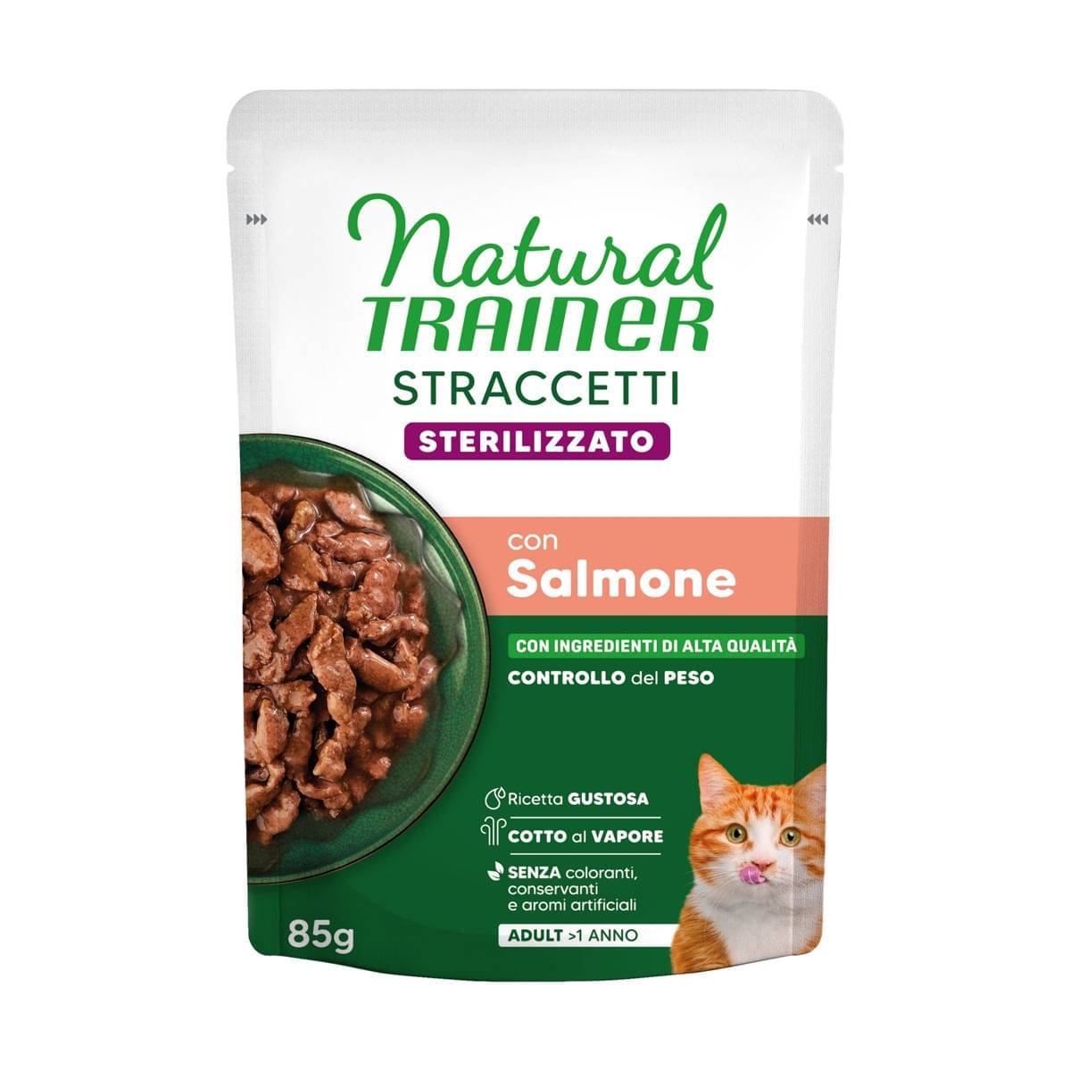 Natural Trainer Gatto Straccetti Sterilized Salmone Bustina 85 Gr 24x